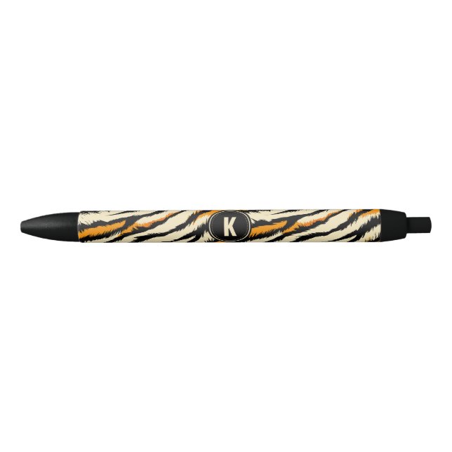 Schwarzes Oranges Tiger-Streifen-Muster-Monogramm Kugelschreiber (Vorderseite)
