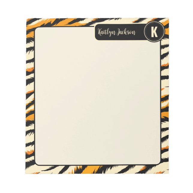 Schwarzes Oranges Tiger-Streifen-Muster-Monogramm Notizblock (Vorderseite)