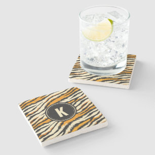 Schwarzes oranges Tiger-Streifenmuster-Monogramm Steinuntersetzer