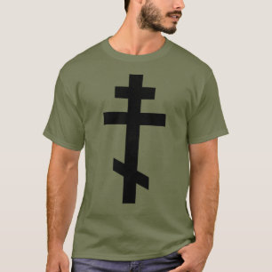 Schwarzes orthodoxes Kreuz. Olivgrünes graubraunes T-Shirt