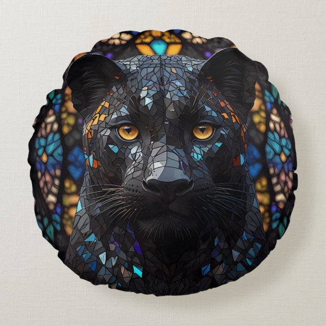 Schwarzes Panther Mosaikglas Rundes Kissen (Vorderseite)