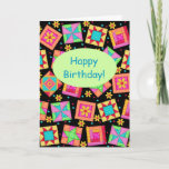 Schwarzes Patchwork Quilt Block Kunstfreude am Geb Karte<br><div class="desc">"Happy Birthday" to a quilter or quilt lover with this colorful fully customizable greeting card. Add your own words and names. Die Gefühle words inside the card can be customized to your own words. This Original quilt art makes vibrierte Color note or greeting card. Quilt art based on original Art...</div>