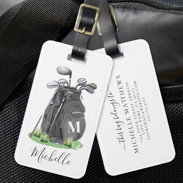 Schwarzes personalisiertes Golf-Monogramm Gepäckanhänger (Black Personalized Monogram Golf Bag Luggage Tag)