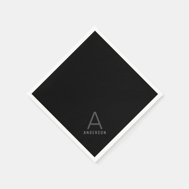 Schwarzes Personalisiertes Monogramm-Namenspapier Serviette (Ecke)