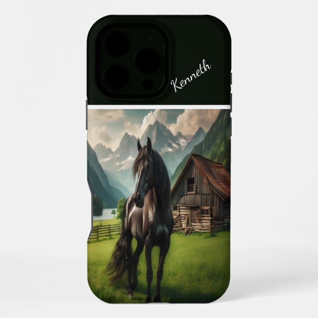 Schwarzes Pferd auf einer Bergwiese iPhone Hülle (Rückseite)