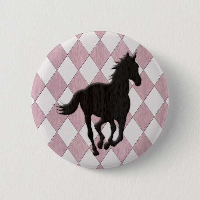 Schwarzes Pferd auf rosa weißem Diamant-Muster Button (Vorderseite)