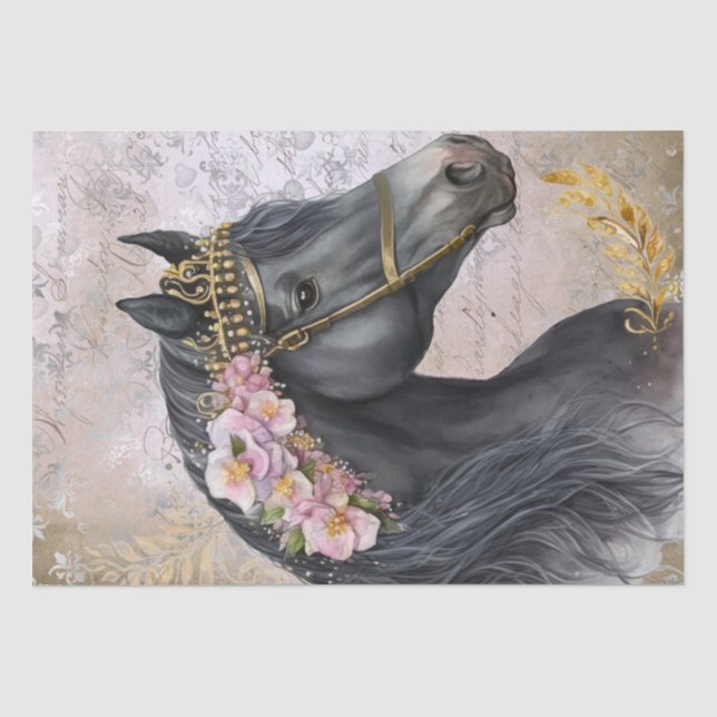 Schwarzes Pferd Blumendekoupage Seidenpapier (Vorderseite)