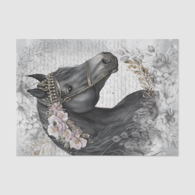 Schwarzes Pferd Blumendekoupage Seidenpapier (Vorderseite)