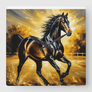 Schwarzes Pferd, das bei goldenem Sonnenuntergang Quadratische Wanduhr