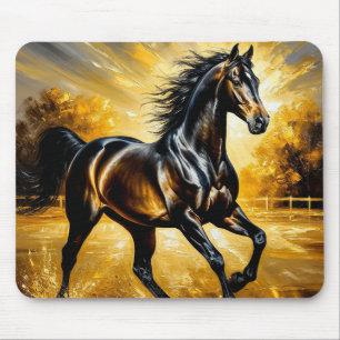 Schwarzes Pferd, das durch das Wasser im goldenen Mousepad