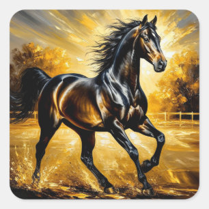 Schwarzes Pferd, das durch das Wasser im goldenen  Quadratischer Aufkleber
