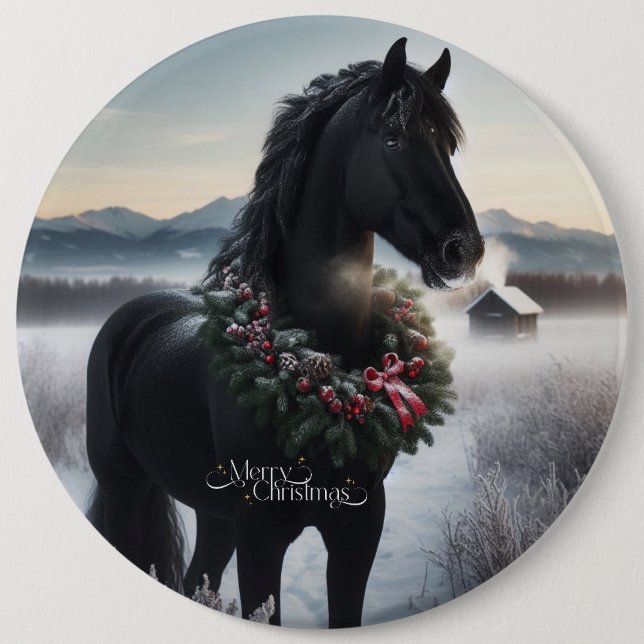 Schwarzes Pferd im Schnee mit Weihnachtskranz Button (Vorderseite)