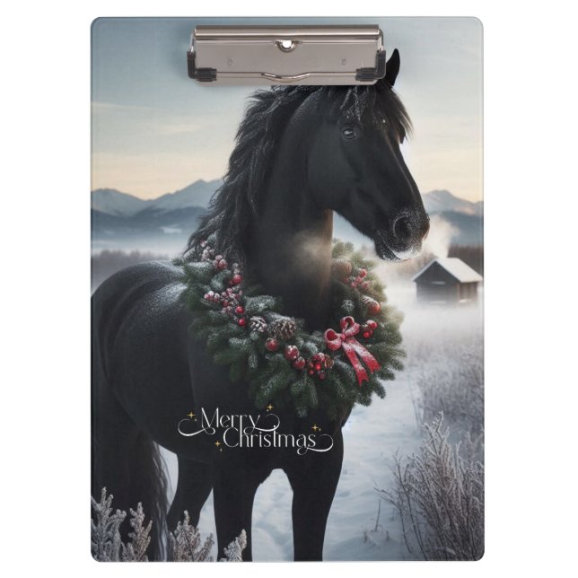 Schwarzes Pferd im Schnee mit Weihnachtskranz Klemmbrett (Vorderseite)