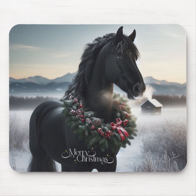 Schwarzes Pferd im Schnee mit Weihnachtskranz Mousepad (Vorne)