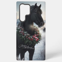 Schwarzes Pferd im Schnee mit Weihnachtskranz