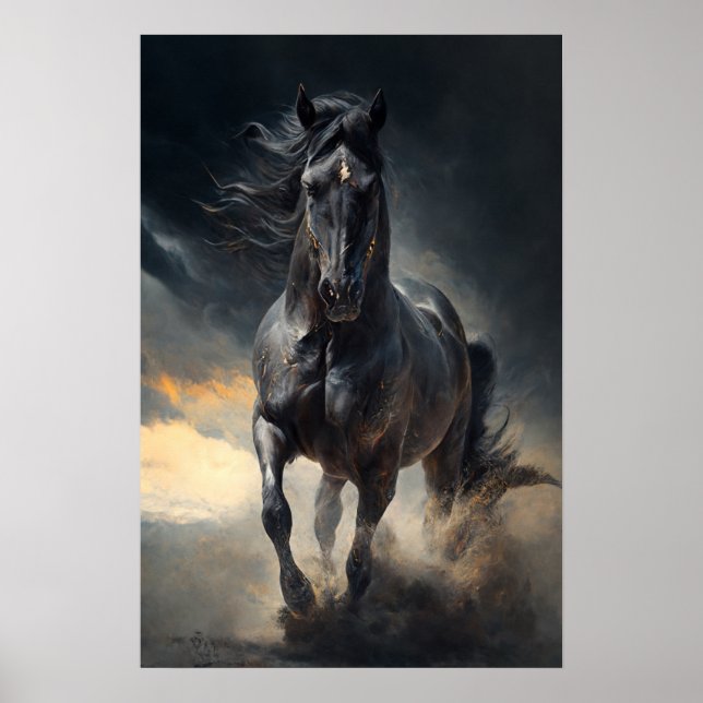 Schwarzes Pferd im Sturm Gemälde Poster (Vorne)