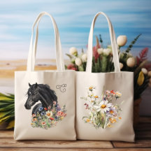 Schwarzes Pferd in Wildblumen Mit Monogramm