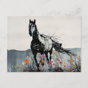Schwarzes Pferd in Wildblumen Postkarte