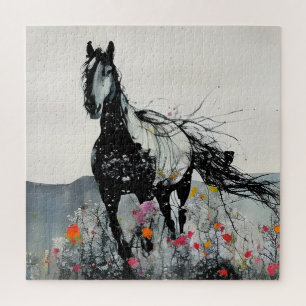 Schwarzes Pferd in Wildblumen Puzzle