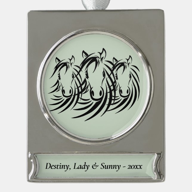 Schwarzes Pferd Kopf Grün Silberplattierter Banner Banner-Ornament Silber (Vorderseite)