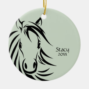 Schwarzes Pferd Kopf grüner Name im Jahr Keramik Ornament