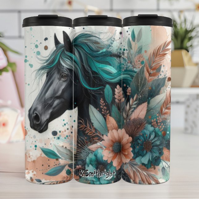 Schwarzes Pferd mit Aquamarinen Blume Thermosbecher (Von Creator hochgeladen)