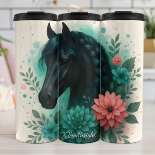 Schwarzes Pferd mit geflochtener Mähne und Blumen Thermosbecher