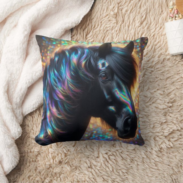 Schwarzes Pferd mit Iridescent Mane Kissen (Decke)