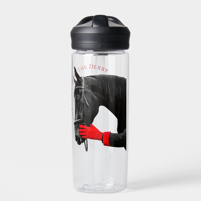 Schwarzes Pferd mit rotem Handschuh und Derby Day Trinkflasche (Vorderseite)