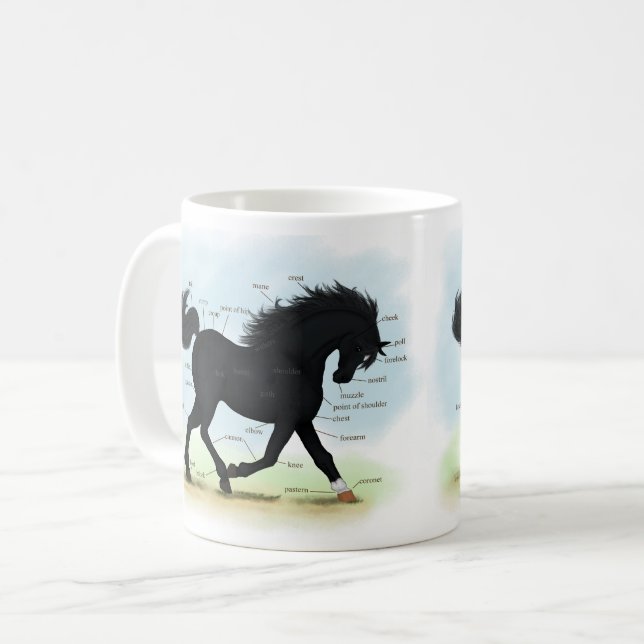 Schwarzes Pferd mit Star & Sock Anatomy Chart Kaffeetasse (Vorderseite Links)