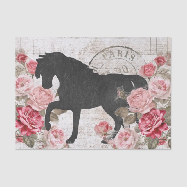 Schwarzes Pferd Rosa Rose Skript Collage Decoupage Seidenpapier (Vorderseite)