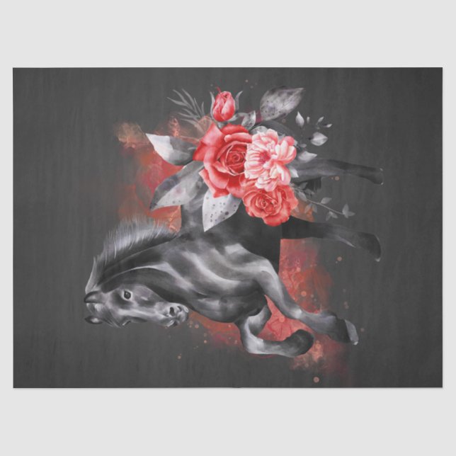 Schwarzes Pferd Rose Whimsical Märchen Wasserfarbe Seidenpapier (Vorderseite)
