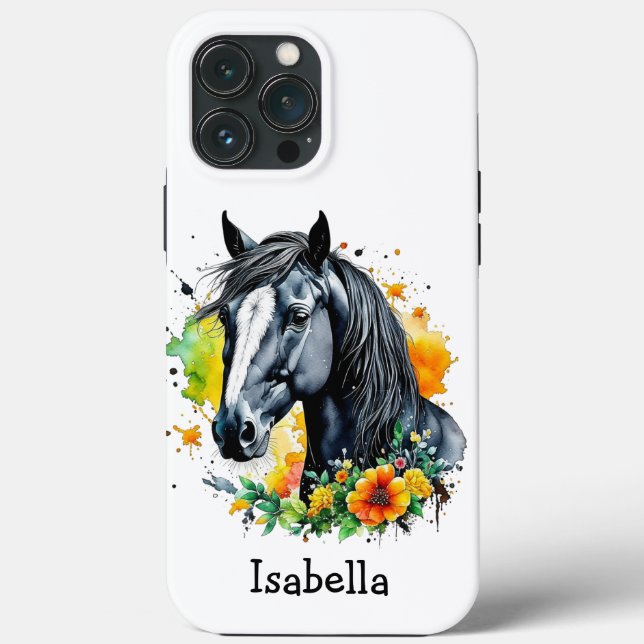 Schwarzes Pferd umgeben von Personalisierten Blume Case-Mate iPhone Hülle (Rückseite)