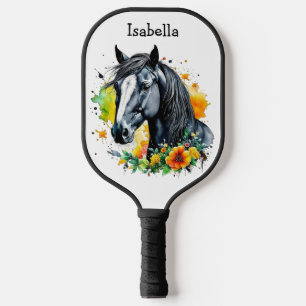 Schwarzes Pferd umgeben von Personalisierten Blume Pickleball Schläger