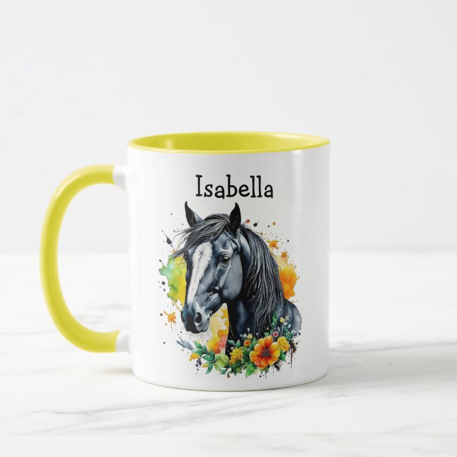 Schwarzes Pferd umgeben von Personalisierten Blume Tasse (Links)