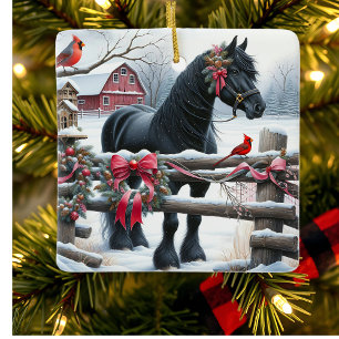 Schwarzes Pferd und Kardinal Weihnachten Keramikornament