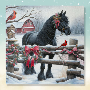 Schwarzes Pferd und Kardinal Weihnachten Puzzle