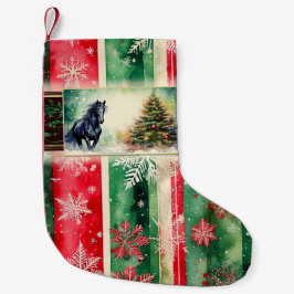 Schwarzes Pferd und Weihnachtsbaum auf einem Urlau Kleiner Weihnachtsstrumpf