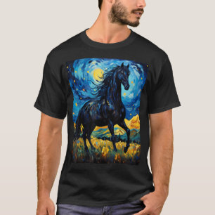 Schwarzes Pferd Van Gogh Sternennacht Malerei Wild T-Shirt