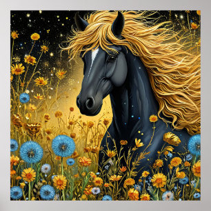 Schwarzes Pferd Wandkunst Wildblumen Natur Dekor D Poster