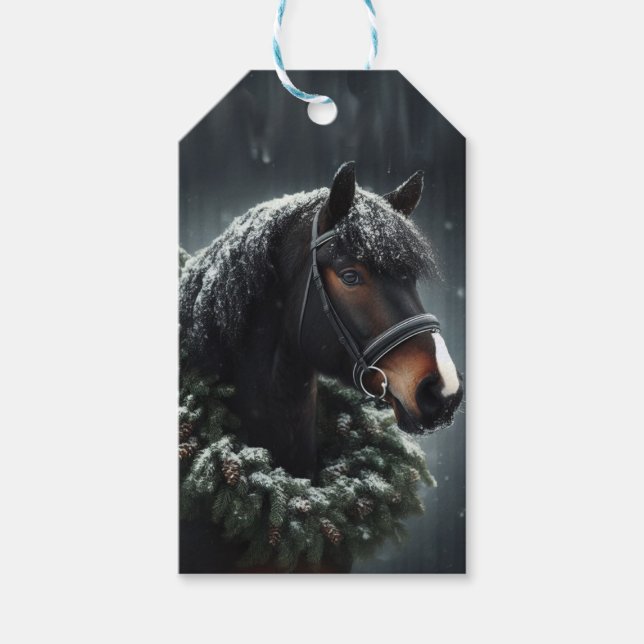 Schwarzes Pferd Weihnachtskranz Schneeweide Geschenkanhänger (Vorderseite)
