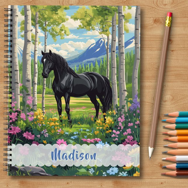 Schwarzes Pferd Wildblume Girls Rosa Lila Kinder Notizbuch (Black Horse Wildflower Aspens Pink Purple Flora Notebook - Personalize name and gift message.)