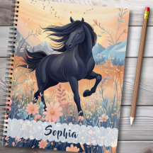 Schwarzes Pferd Wildblumen Mädchen Blumen Blau Ros