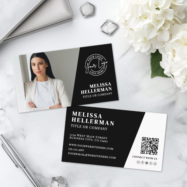 Schwarzes Photo QR Code Logo Visitenkarte (Black Photo QR Code Logo Business Card)