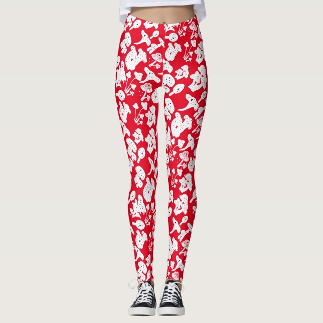 Schwarzes Pilzmuster 01b Rotes BG Leggings (Vorderseite)