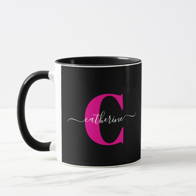 Schwarzes Pink Modernes Stylisches Schriftmonogram Tasse (Links)