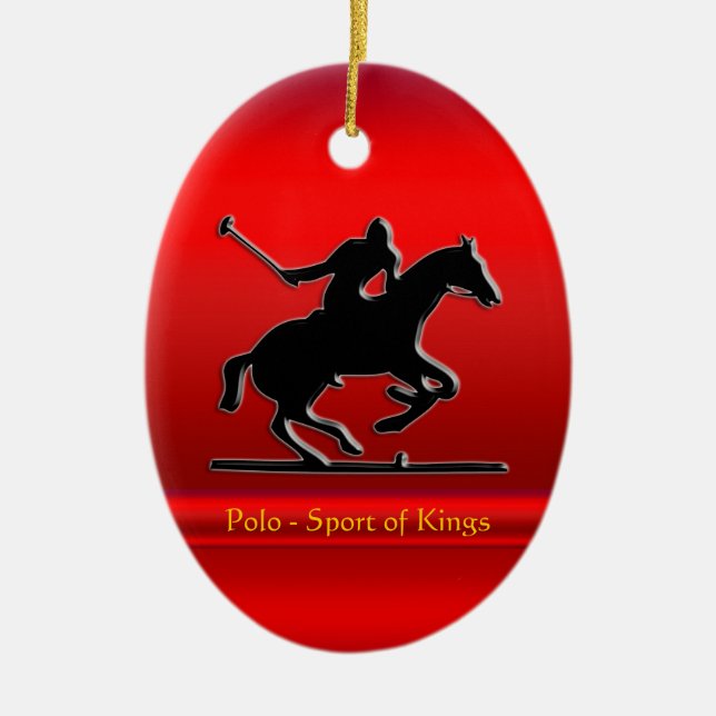 Schwarzes Polo-Pony und Reiter auf rotem Keramikornament (Vorne)