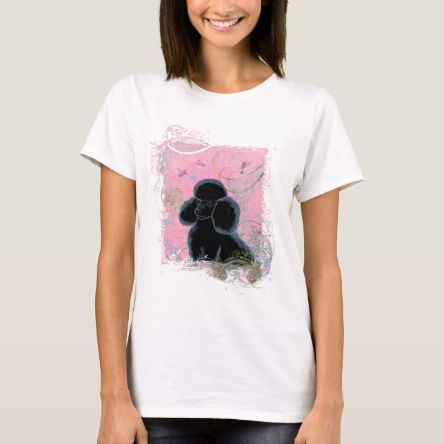 Schwarzes Poodle-Portrait mit Hummingbirds Tee-Hem T-Shirt (Vorderseite)