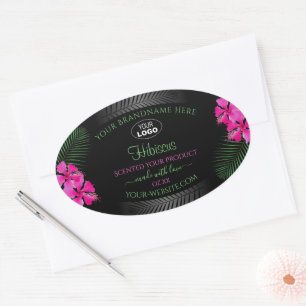 Schwarzes Produktetikett Rosa Blume Grüne Blätter Ovaler Aufkleber
