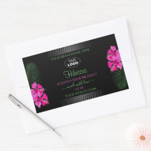 Schwarzes Produktetikett Rosa Blume Grüne Blätter Rechteckiger Aufkleber